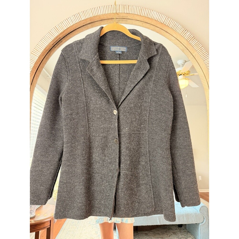 Herman Geist Women’s M 100% Wool Gray Sweater Jacket Knit Blazer Vintage Preppy - Picture 2 of 7